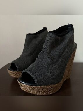 Stuart Weitzman Platform Wedge Slingback Sandals Dark Gray Cork Canvas Size 8